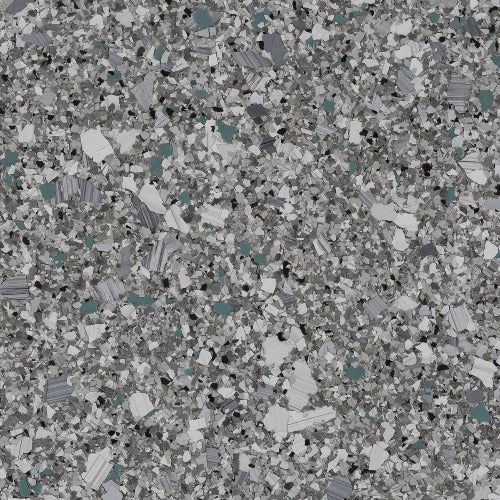 A close-up of a speckled floor texture in shades of gray, white, and blue-gray flakes.