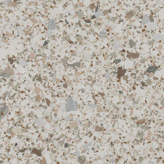 A neutral, speckled terrazzo surface with a cream-colored base and flecks of brown, grey, and tan.