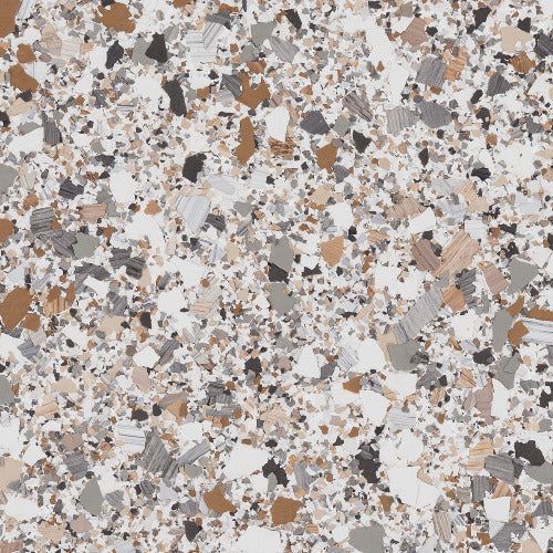 A close-up of a speckled floor texture featuring a dense mix of white, grey, black, and tan flecks on a white background.
