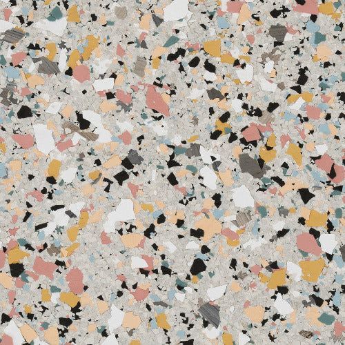 A terrazzo pattern with multi-colored fragments of pink, yellow, blue, black, and white set in a pale gray background.