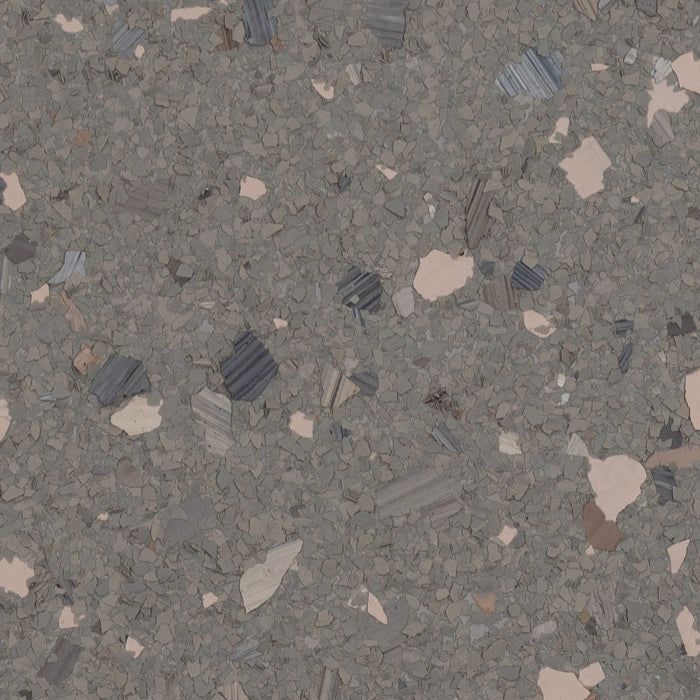 A seamless texture of grey composite flooring featuring scattered flecks of beige, dark grey, and charcoal.