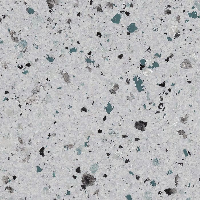 A light gray terrazzo surface featuring speckled flakes in shades of teal, charcoal, and white.