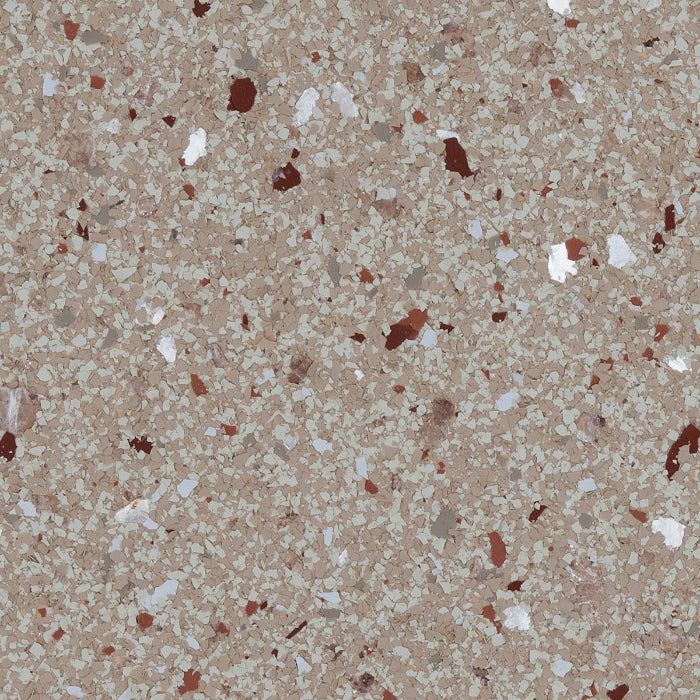 Textured surface with a speckled pattern of beige, brown, white, and dark red flakes.