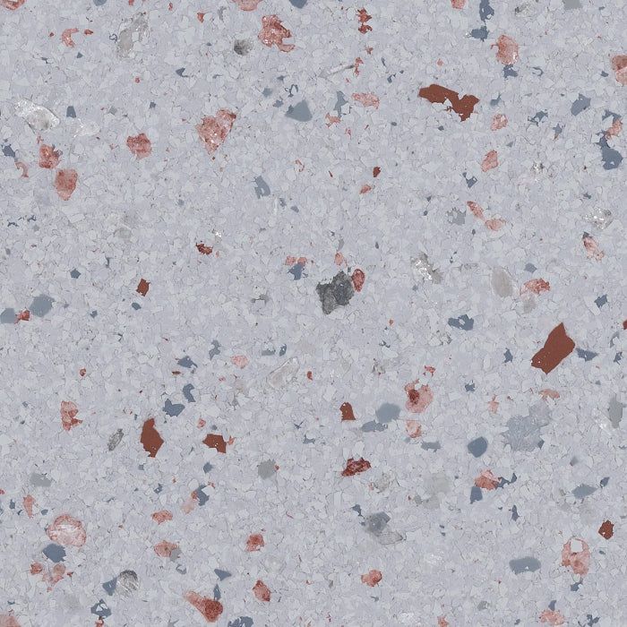 Terrazzo texture featuring scattered reddish-brown, grey, and white flecks against a light grey, speckled background.