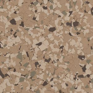 A close-up of decorative epoxy flooring chips in shades of tan, beige, cream, dark brown, and sage green.