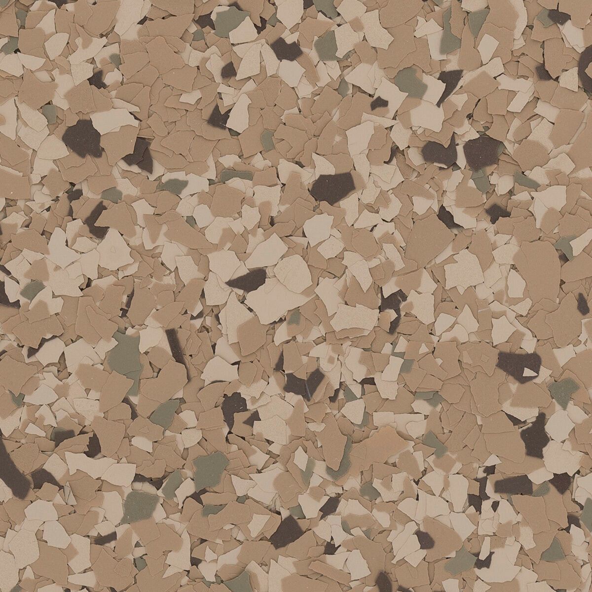 A flooring texture featuring a camouflage-style blend of tan, cream, dark brown, and sage green flakes.