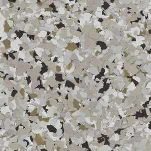 A multi-colored decorative epoxy flake texture featuring shades of grey, tan, white, and black chips.
