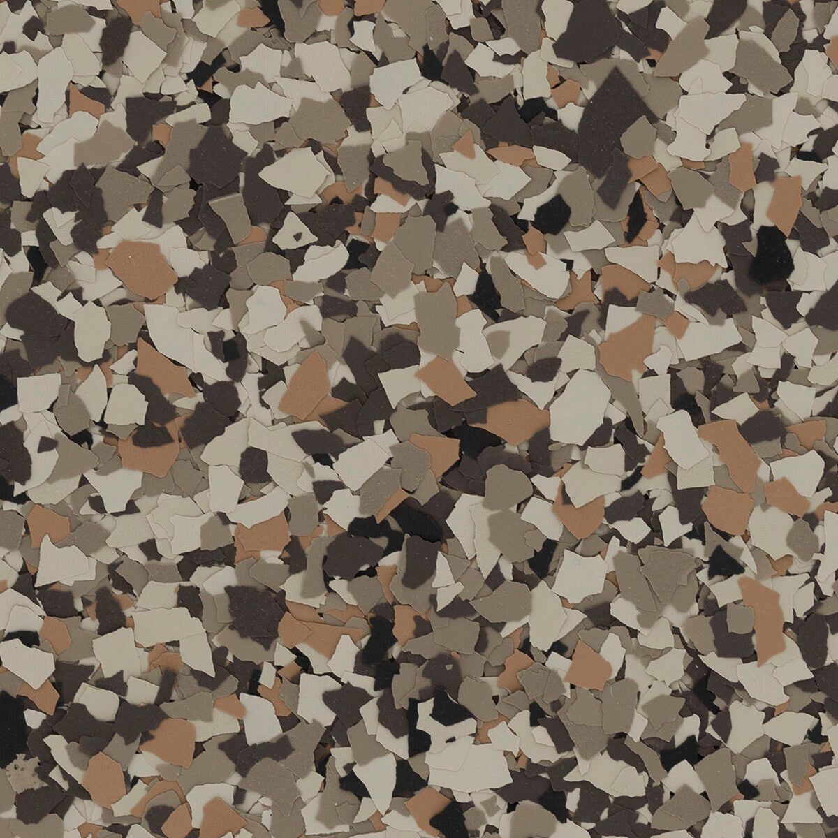 A multi-colored floor flake pattern with chips in shades of beige, brown, tan, and dark gray.