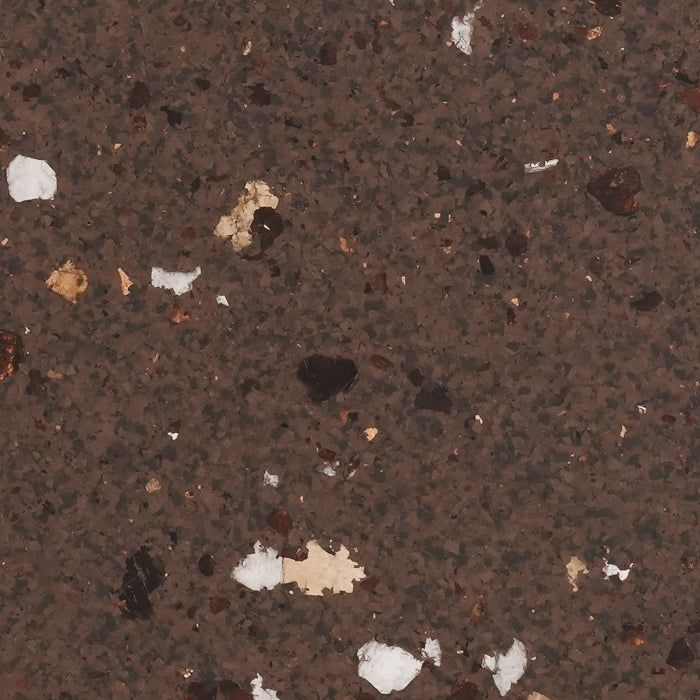 A textured surface with a dark brown base flecked with white, tan, and dark brown fragments, resembling polished stone.