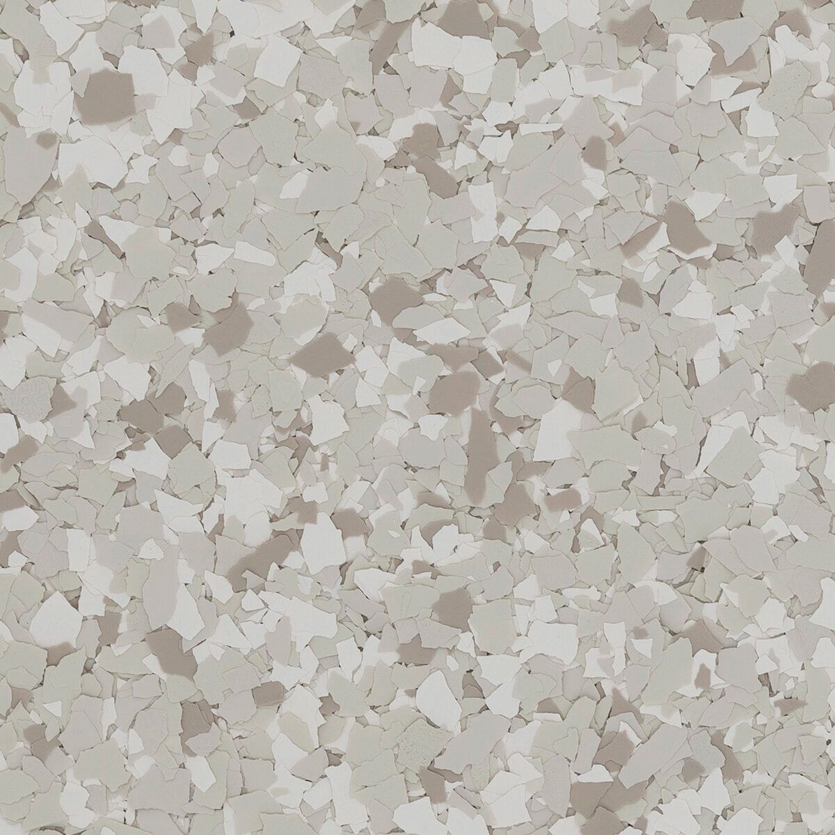 A close-up of a vinyl flooring texture featuring a speckled mix of light gray, beige, and white flakes.
