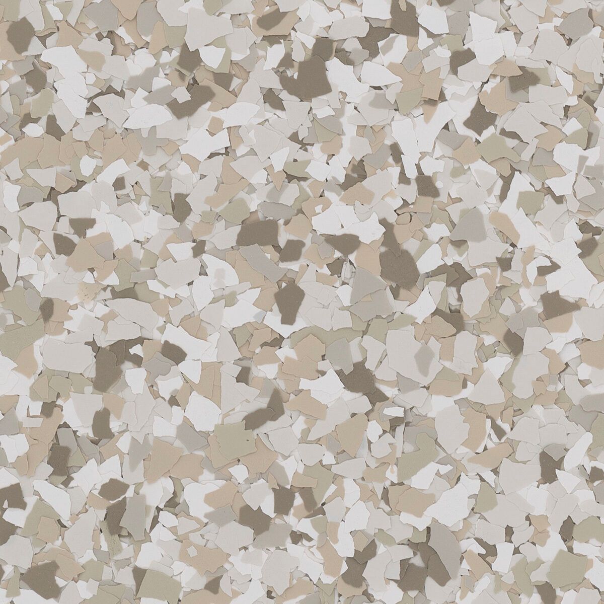 A decorative epoxy floor coating texture featuring a speckled pattern of white, tan, and dark brown paint flakes.