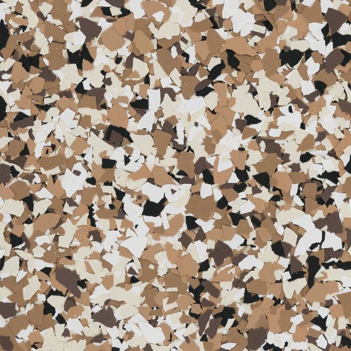 Decorative vinyl flake floor coating with a mix of tan, beige, white, and black chips.