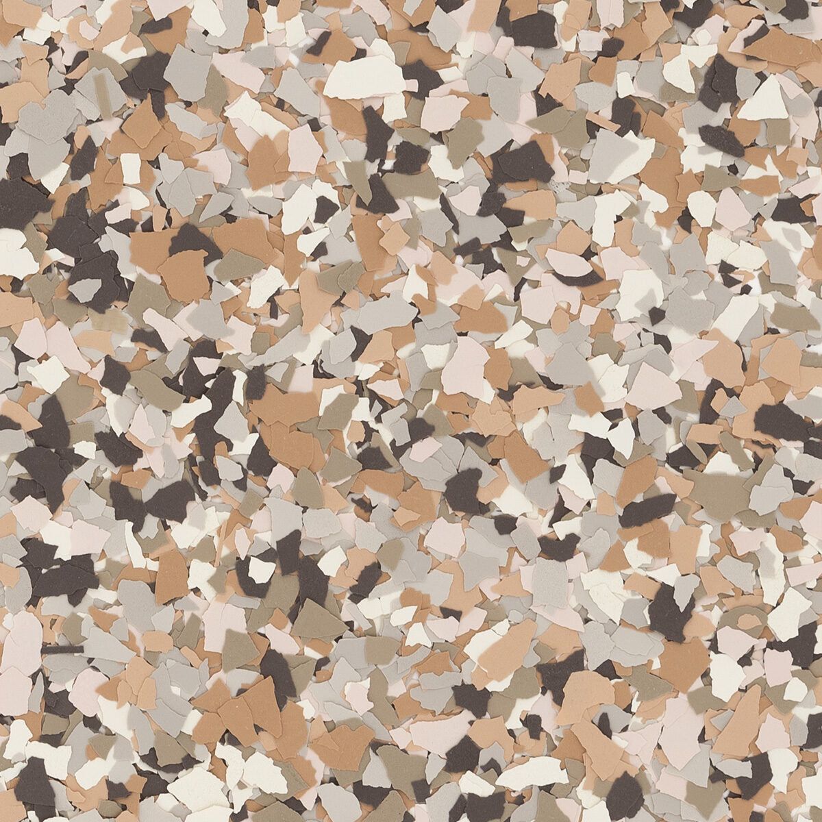 A multi-colored decorative vinyl flake pattern in shades of tan, dark brown, off-white, and grey.