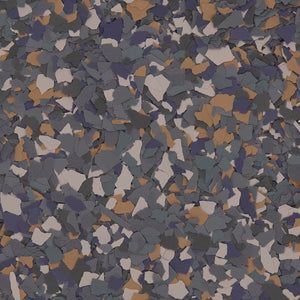 Decorative vinyl paint chips for flooring in a mix of grey, tan, white, and dark blue flakes.
