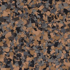 A textured, multi-colored floor coating composed of irregular brown, gray, and black flecks.