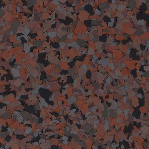 A seamless flooring pattern featuring a mix of irregular rust-red, charcoal gray, and black flecks.