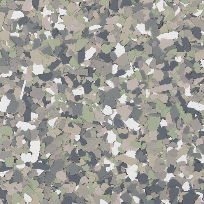 A pattern of multi-colored vinyl flakes in shades of sage green, white, slate gray, and beige for flooring.