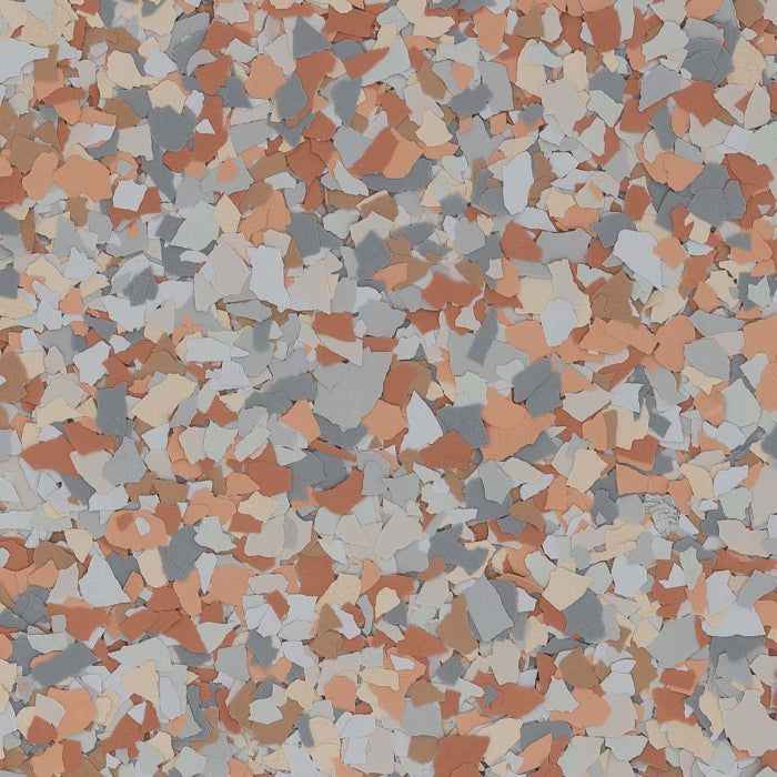 Decorative floor coating with a speckled pattern of overlapping gray, terracotta, and beige vinyl flakes.