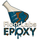 Logo for FloorLabs Epoxy LLC featuring a flask pouring blue and brown swirled epoxy over the company name.