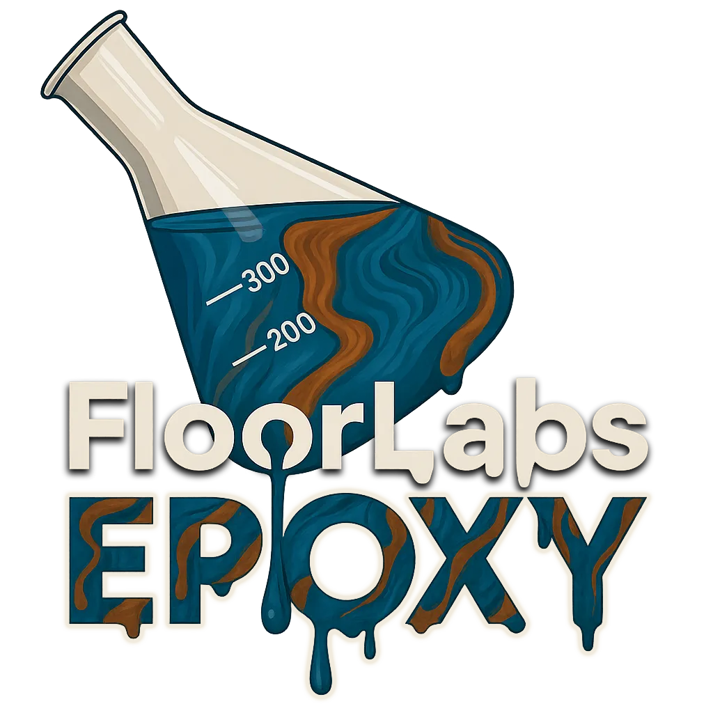 Logo for FloorLabs Epoxy featuring a flask pouring blue and brown swirled epoxy over the company name.