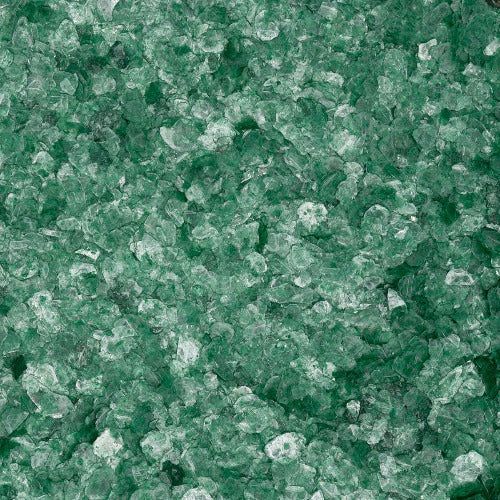 A close-up view of crushed green glass or decorative pebbles with a translucent, textured appearance.
