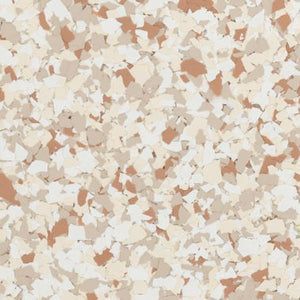 Decorative floor coating with a speckled pattern of white, beige, and light brown flakes.