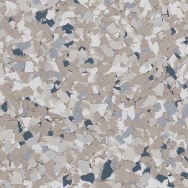 A seamless, speckled pattern of overlapping gray, beige, white, and dark blue vinyl flakes used for epoxy flooring.