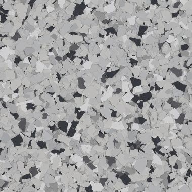 Decorative floor flake blend in shades of white, gray, and black.