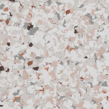 Decorative vinyl flake flooring texture featuring white, beige, light gray, and brown flecks against a white background.