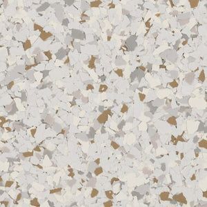 A multi-colored floor texture featuring a speckled mix of white, light gray, and tan vinyl flakes.