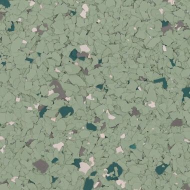 Decorative vinyl chip flooring texture with a sage green background speckled with dark green, grey, and off-white flakes.
