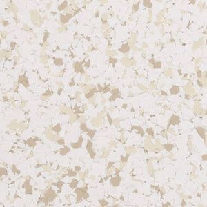 Close-up texture of cream and white speckled vinyl or linoleum flooring.