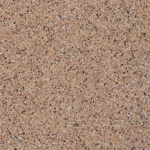 A close-up texture of beige and brown speckled granite stone with fine dark flecks throughout.