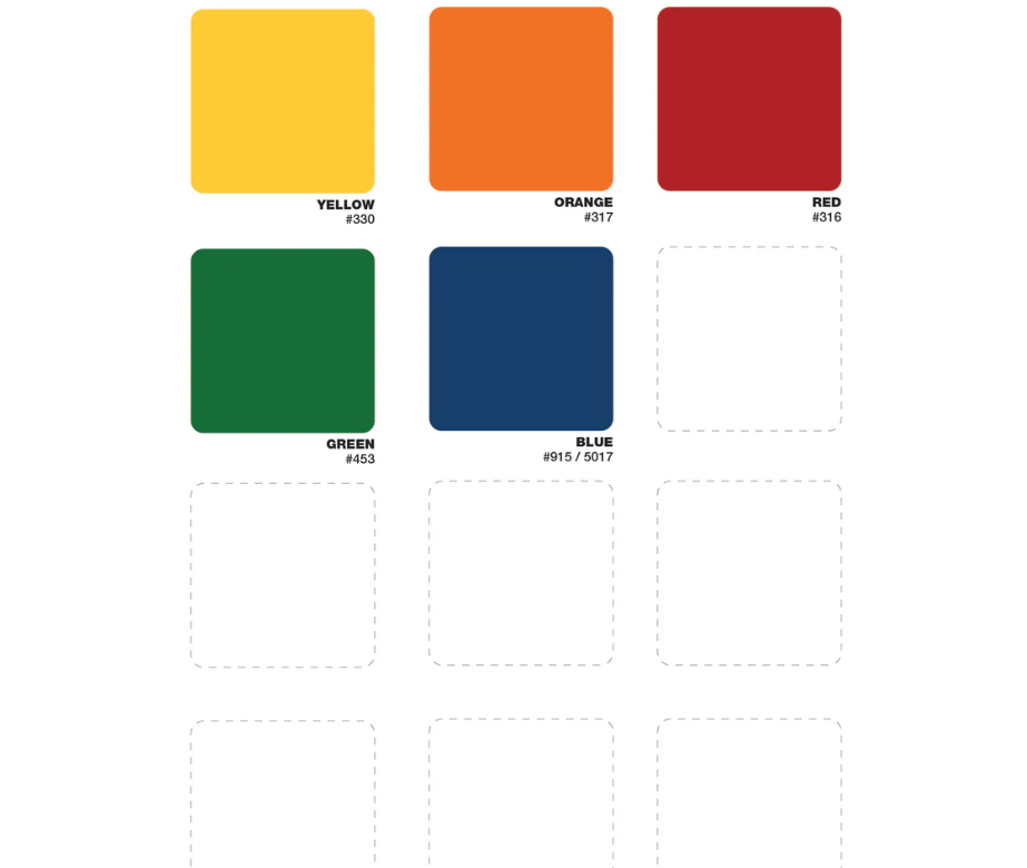 A color chart displaying five colored squares labeled yellow, orange, red, green, and blue, with empty slots below.