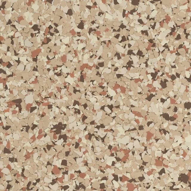 Decorative floor coating with a speckled pattern of tan, brown, white, and terracotta vinyl flakes.