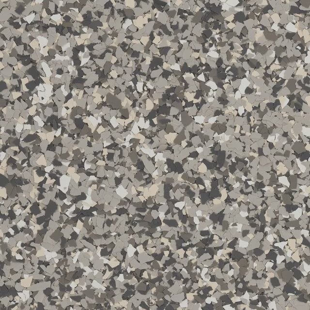 A speckled, multi-toned texture featuring a mix of grey, black, white, and beige flecks, typical of a vinyl chip floor.