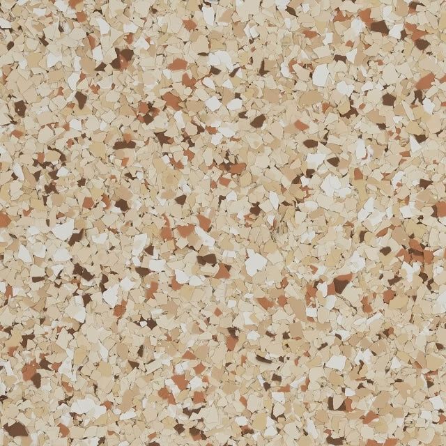 A textured flooring material featuring a confetti-like pattern of tan, brown, cream, and white paint chips.