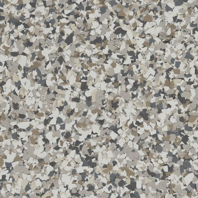 A seamless texture of small, multi-colored vinyl flakes in shades of beige, gray, white, and charcoal.