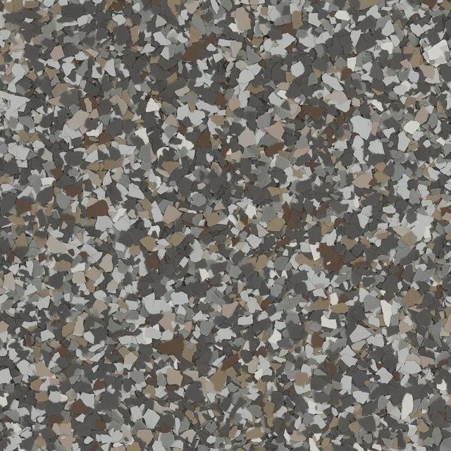 A decorative epoxy floor coating texture featuring a speckled blend of grey, brown, white, and black vinyl chips.