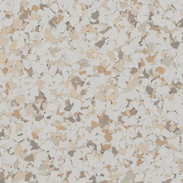 A multi-colored vinyl flake flooring pattern featuring a mix of white, tan, and light gray fragments.