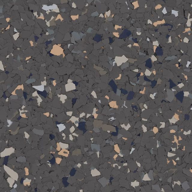 Textured flooring pattern in dark gray with small, scattered flecks of beige, light gray, and deep navy blue.