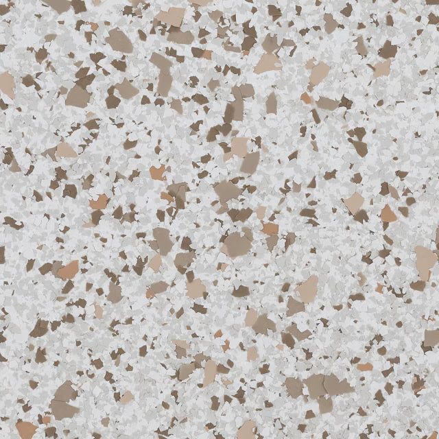 A flooring texture featuring white, light grey, and various shades of brown decorative flakes in a dense, speckled pattern.