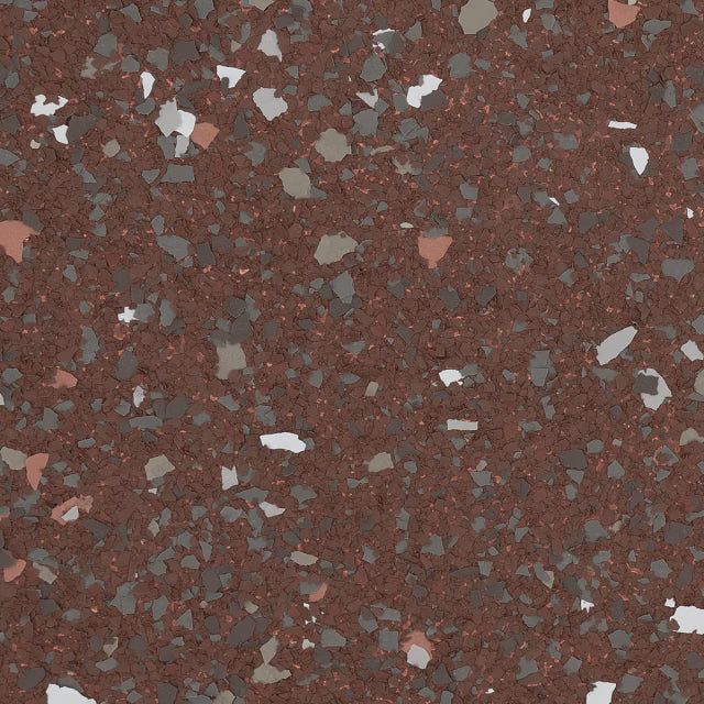 A floor texture of dark reddish-brown epoxy with scattered multi-colored grey and tan decorative vinyl flakes.