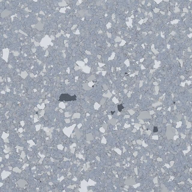 A textured floor surface with a grey base speckled with white, light grey, and dark charcoal vinyl flakes.