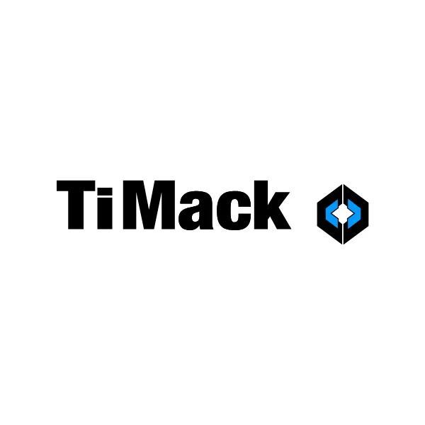 Logo TiMack con testo nero e icona esagonale blu e nera