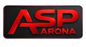 Logo ASP ARONA con lettere rosse serif all’interno di un sottile bordo rosso su sfondo bianco