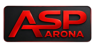 Logo ASP ARONA con lettere rosse serif all’interno di un sottile bordo rosso su sfondo bianco