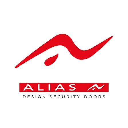 Logo ALIAS con un simbolo astratto rosso e la scritta “DESIGN SECURITY DOORS” su sfondo bianco