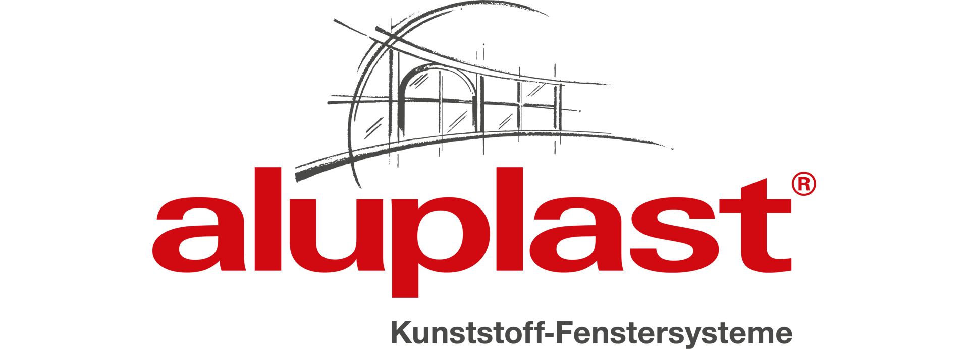 Logo Aluplast in rosso con il contorno grigio di una finestra e la dicitura “Kunststoff-Fenstersysteme”