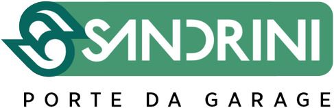 Logo Sandrini con emblema verde e marchio denominativo, “Porte da Garage” sotto